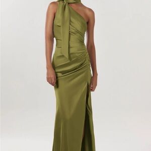 Cocomelody Daquiri Green Sheath Column Maxi Satin Formal Dress, Size US6/UK8 NWT